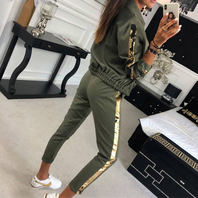 Women's Sports Tracksuits 2 Piece Set Sequined Patckwork Long Sleeve Zippers Tops Elastic Waist Pants Suit 2020 Spring Tracksuit LJ201012