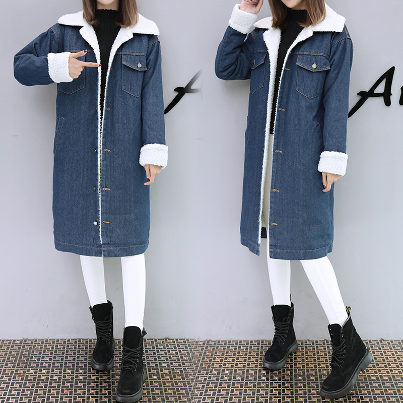 Hodisytian Winter Fashion Women Trench Thick Coat Full Sleeve Fleece Warm Slim Long Denim Windbreaker Outerwear Casaso Femme 201211
