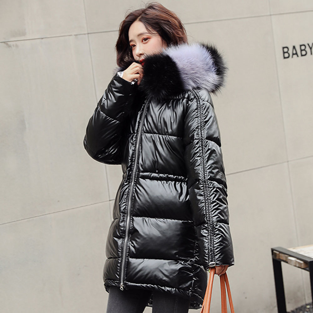 Aigo High Quality Jacket Women Thicken Hooded With Fur Long Coat Shinny Female Warm Winter Parkas 201128