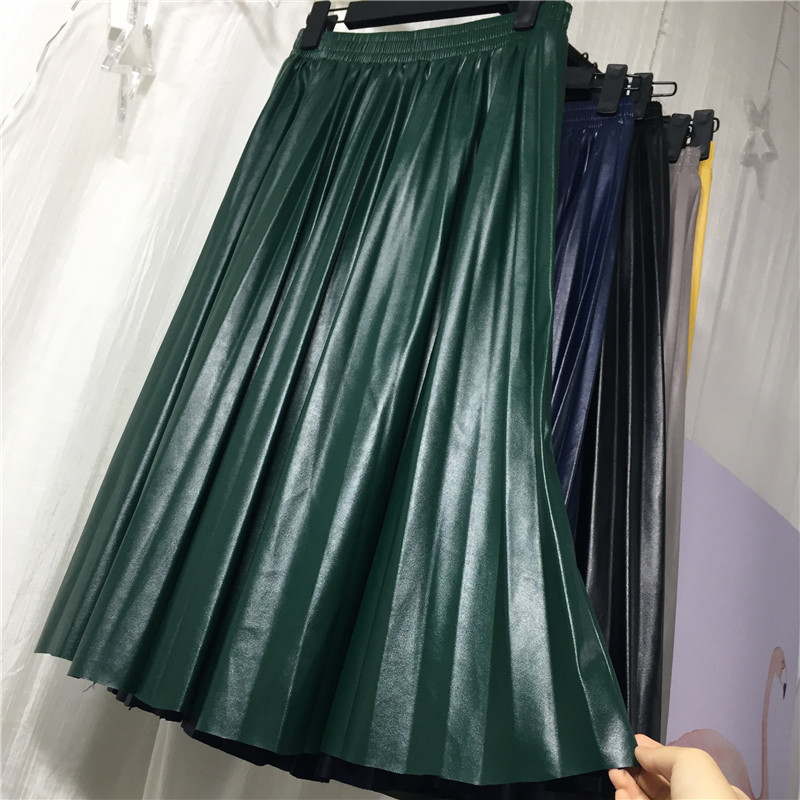 new women pu leather pleated skirt halflength retro highwaisted slim organ leather skirt pleated long skirt female T200324