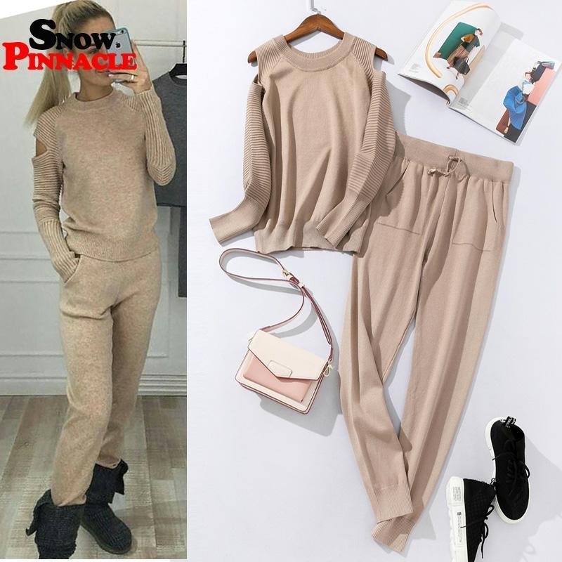 Fashion Women sweater customes sets Spring Autumn 100% Cotton thick soft long pant knitted sets Casual 2PCS Track Suits 201119
