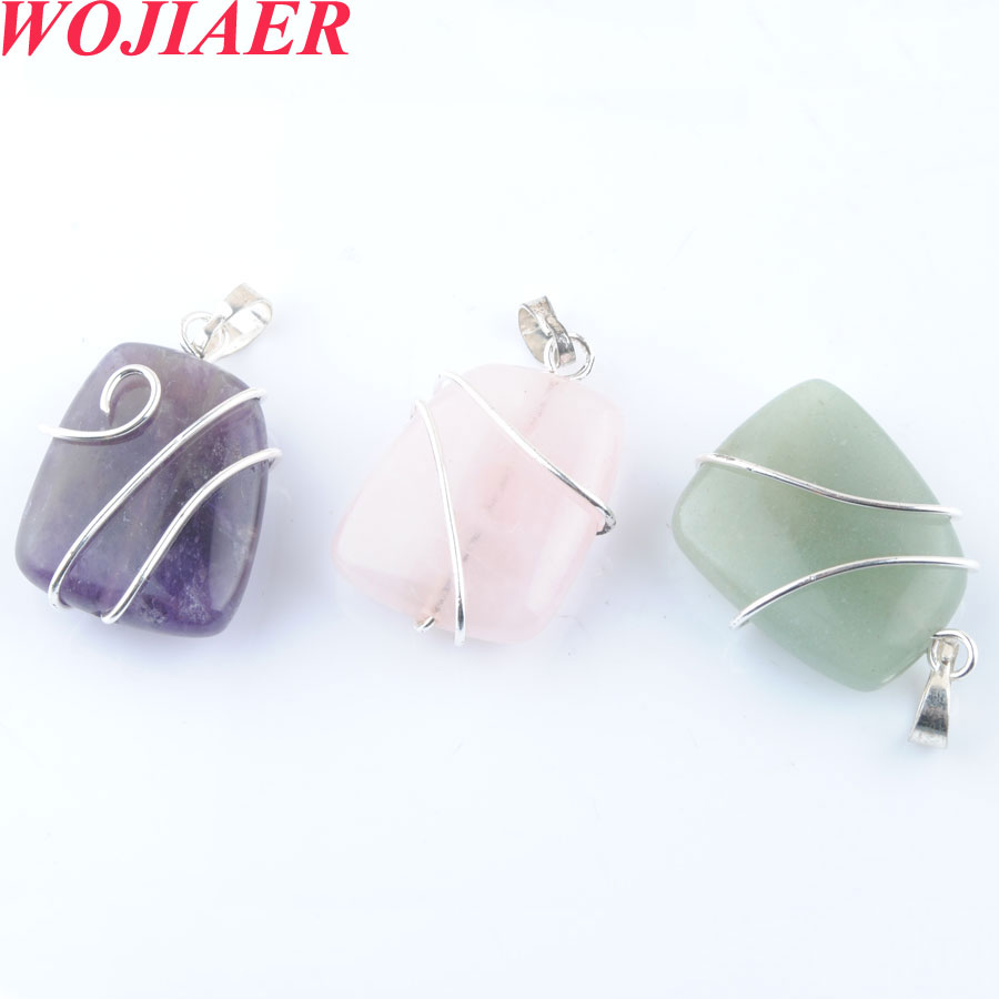 WOJIAER Natural Stone Trapezoidal Pendant Healing Silver-color Wire Wrap Crystal Pink Quartz Necklaces Jewelry for Women DBO914