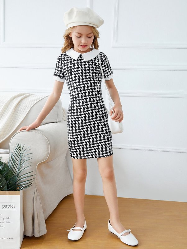 Girls Keyhole Back Houndstooth Print Fitted Dress SHE