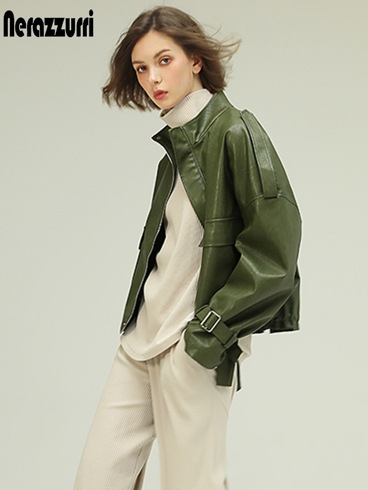 Nerazzurri zip up short green leather jacket women long sleeve Plus size fall women clothing Faux leather jackets women 7xl 201030