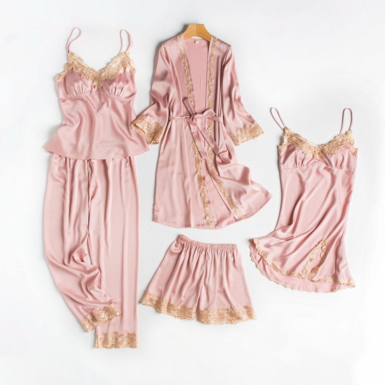 5PCS Pajamas Set Navy Blue Women Rayon Robe Gown Nightwear Lace Home Clothing Softy Sleepwear Strap Lntimate Lingerie Sleep Suit 210203