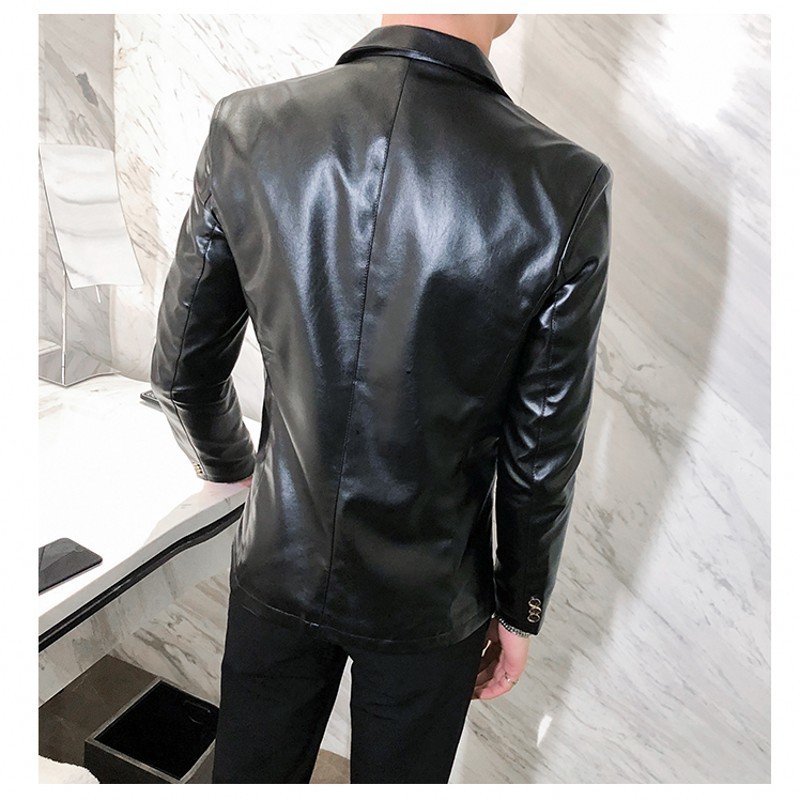 Faux Leather Suit Jacket Men Korean Style Casual Slim Fit Blazer Male Fashion Autumn Suit Coat Chic Singer Stage Blezer Male 201128