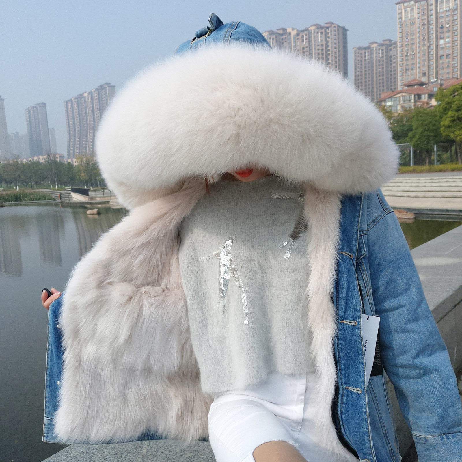 women's fur jacket denim jacket natural fox fur lining jacket ladies women winter warm cotton coat 201112
