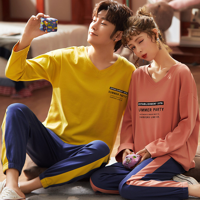 Couple's Pajamas Set Sleepwear Women Mens Cotton Pijama Long Sleeve Sleepshirt Homewear Pyjamas Round Neck Nightwear Lounge Wear 201105