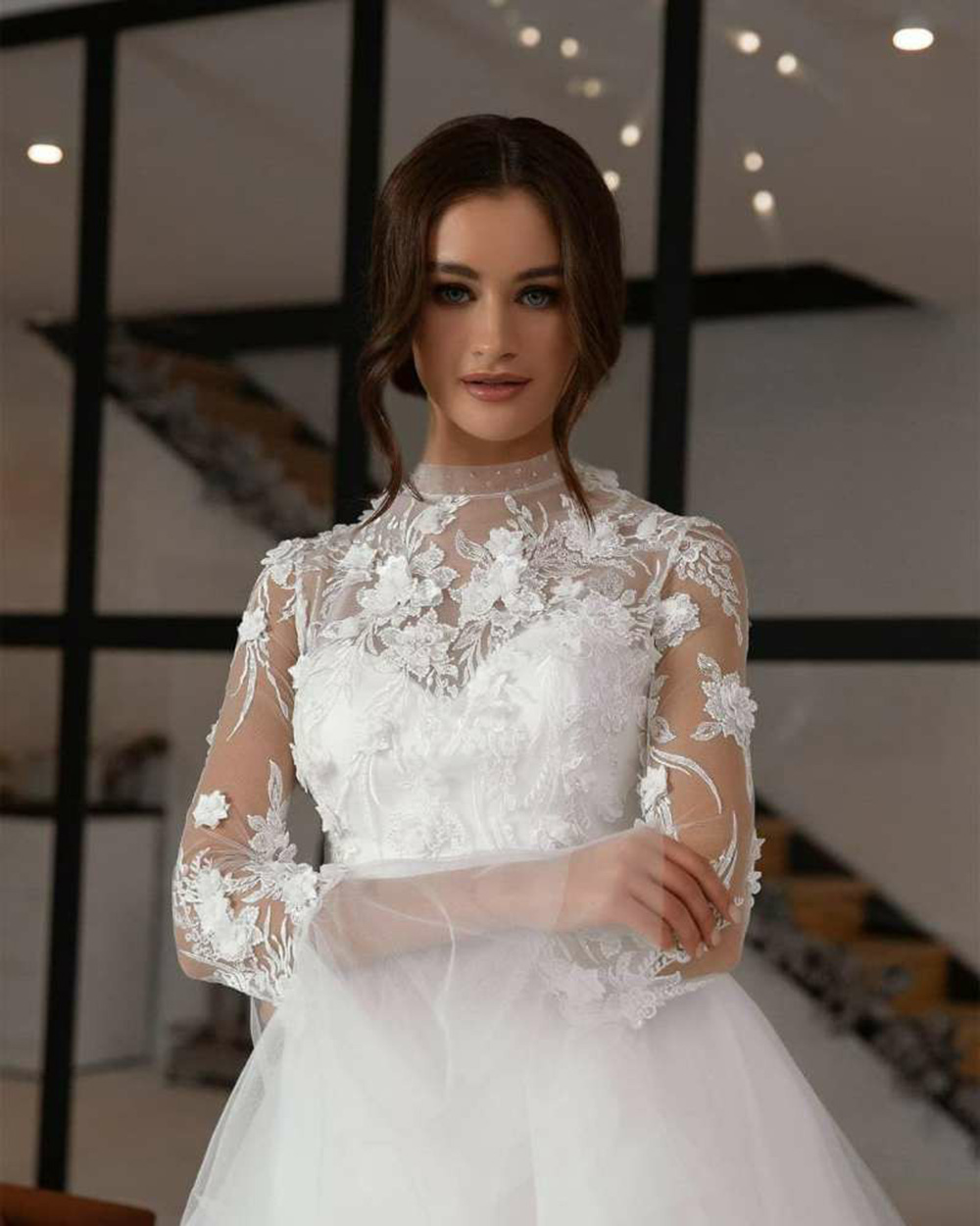 Boho High Neck A Line Wedding Dress 3D Floral Appliques Ivory Tulle Long Bridal Gowns With Bell Long Sleeve Beach Bride Dresses Robe De Mariee 2022