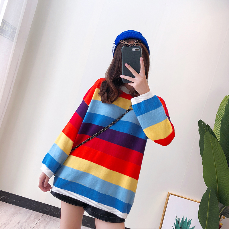 Heliar Autumn Winter Rainbow Stripe Sweater New INS Knit Sweater Long Sleeve Relaxed Lazy Style Women O Neck Pullovers 201017