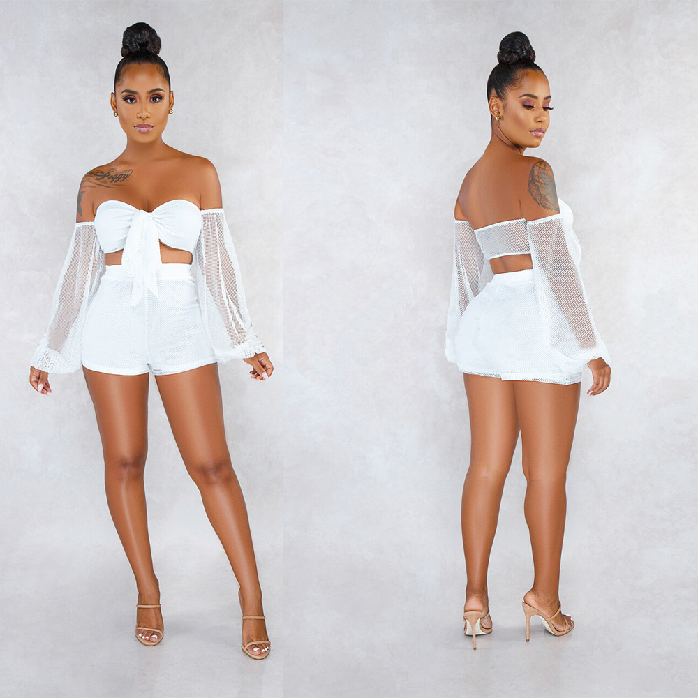 BKLD Neon Green Sexy Two Piece Sets Bodycon Club Outfits 2019 Summer 2 Piece Set Off Shoulder Mesh Crop Top Shorts Matching Sets T200623