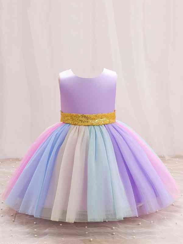 Baby Sequin Insert Big Bow Mesh Hem Gown Dress SHE