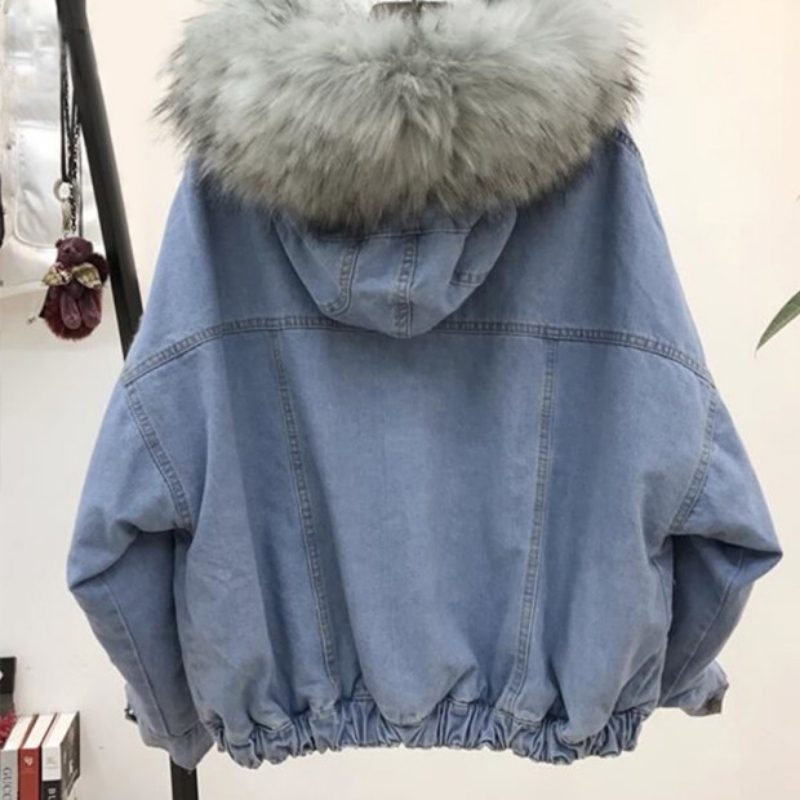 Women's Denim Jacket With Fur Winter Jeans Hooded Velvet Coat Female Faux Fur Collar Padded Warm Jackets Women Drop 201112