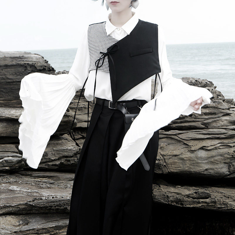 EAM Women Black Plaid Split Asymmetrical Loose Fit Vest Vcollar Sleeveless Fashion Spring Autumn 1H073 201031