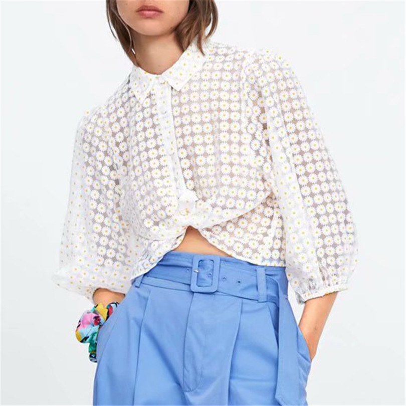 Women sweet floral print crop top three quarter puff sleeve turn down collar transparent female causal blouse 201130