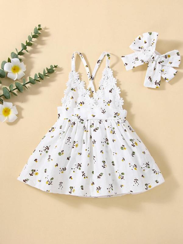 Baby Plant Print Appliques Cami Dress & Headband SHE