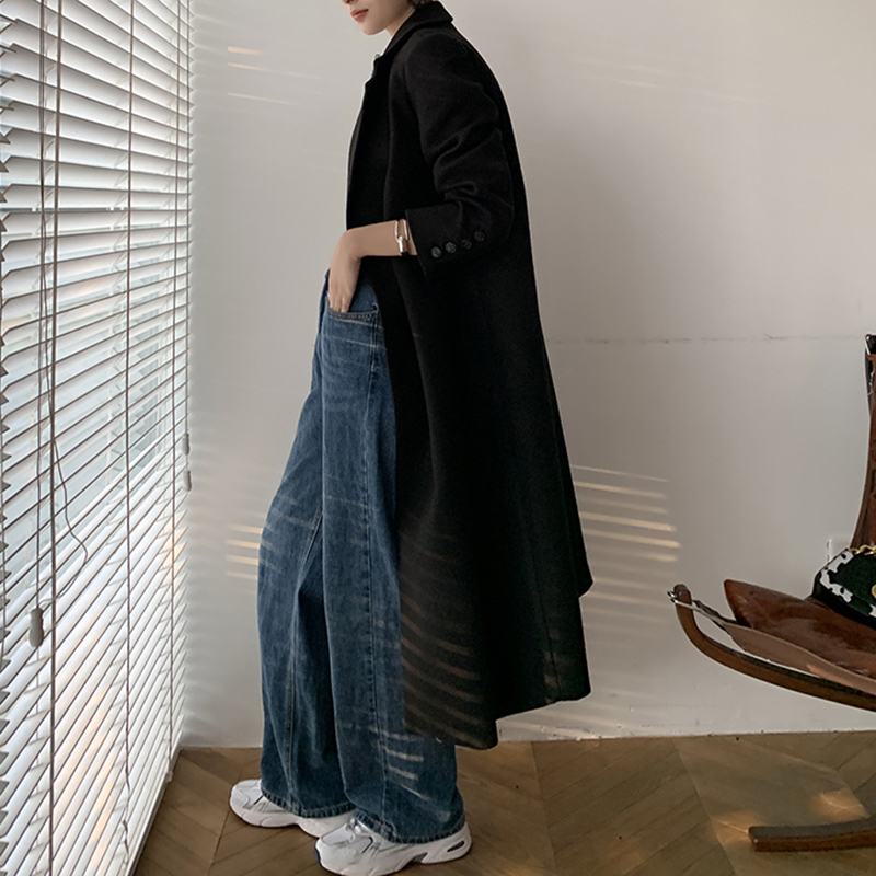 EAM Loose Fit Black Plaid Big Size Long Woolen Coat Parkas Long Sleeve Women Fashion Autumn Winter 1DD0741 201222