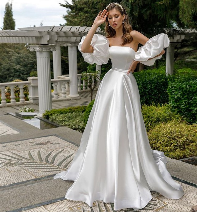 2022 Removable Puff Sleeve Satin Wedding Dress High Slit Side A-line Simple Styles Bridal Dress with Court Train Vestido de Novia Robe Mariee