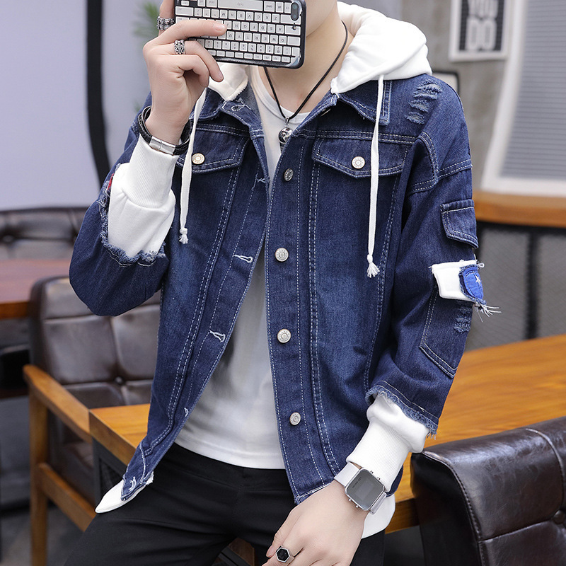 Wholesale Spring autumn pink denim cotton jacket men's hooded loose handsome teenagers jacket male students loose coat 201116