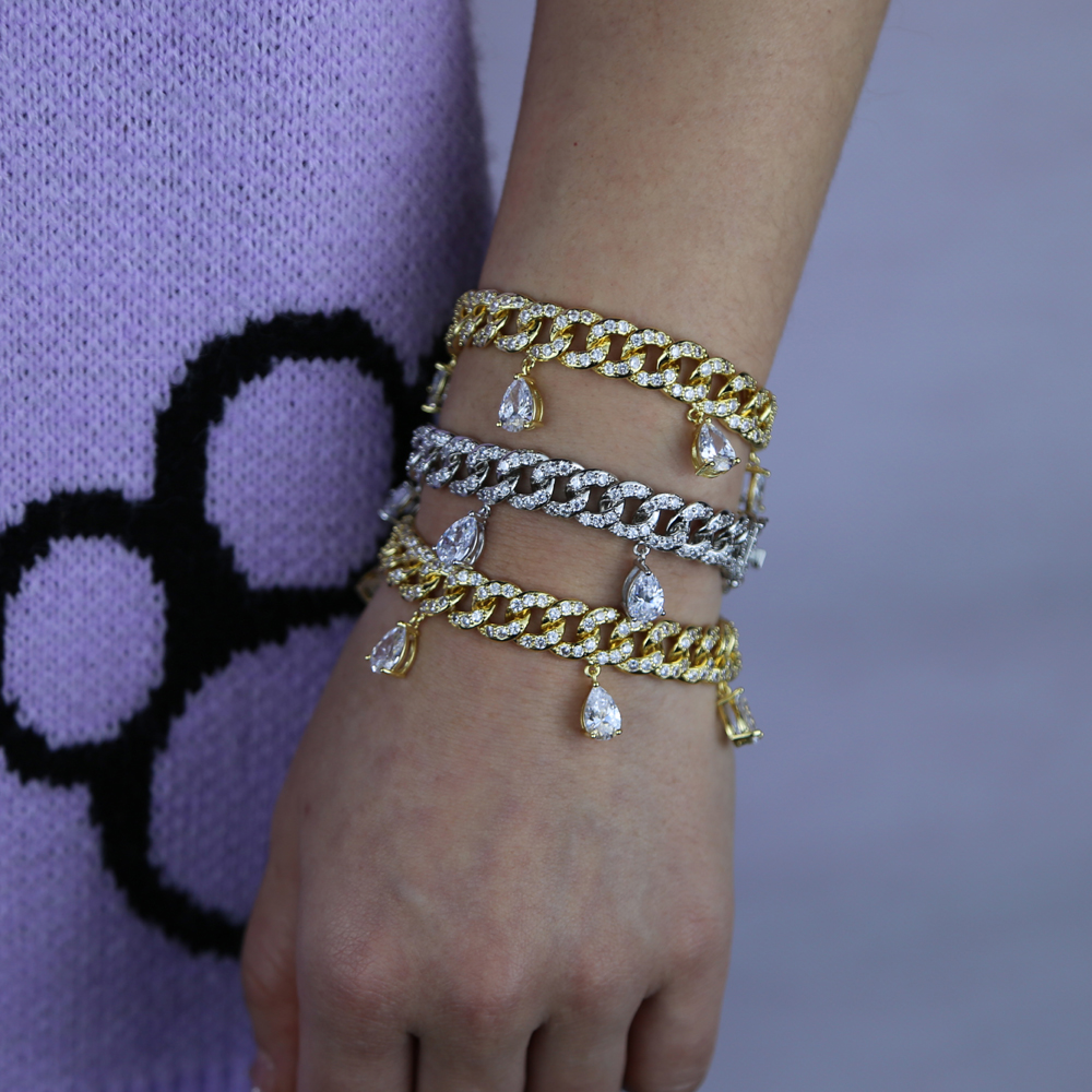 Hip Hop Bling Iced Out Women Rapper Bracelet Full Rhinestone Pave with Tear Drop Cz Miami Cuban Link Chain Bracelet Jewelry Wholesale