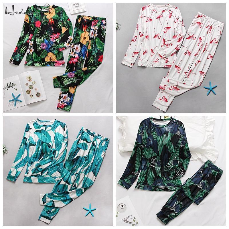 Autumn Winter Floral Pajamas Set Women's Long Sleeve Round Neck Loose Soft Plus Size Pyjamas women sleepwear Female Homewear 201113