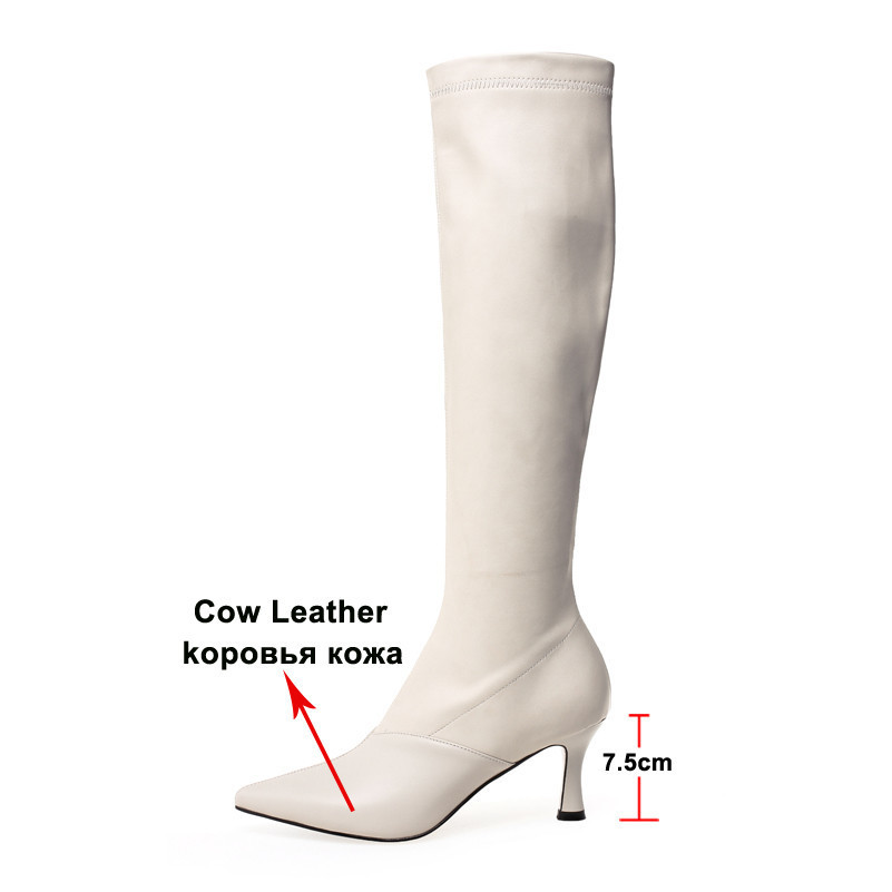 ANNYMOLI Winter Knee High Boots Women Natural Genuine Leather Stiletto High Heel Boots Slim Stretch Zipper Shoes Female Size 39 201109