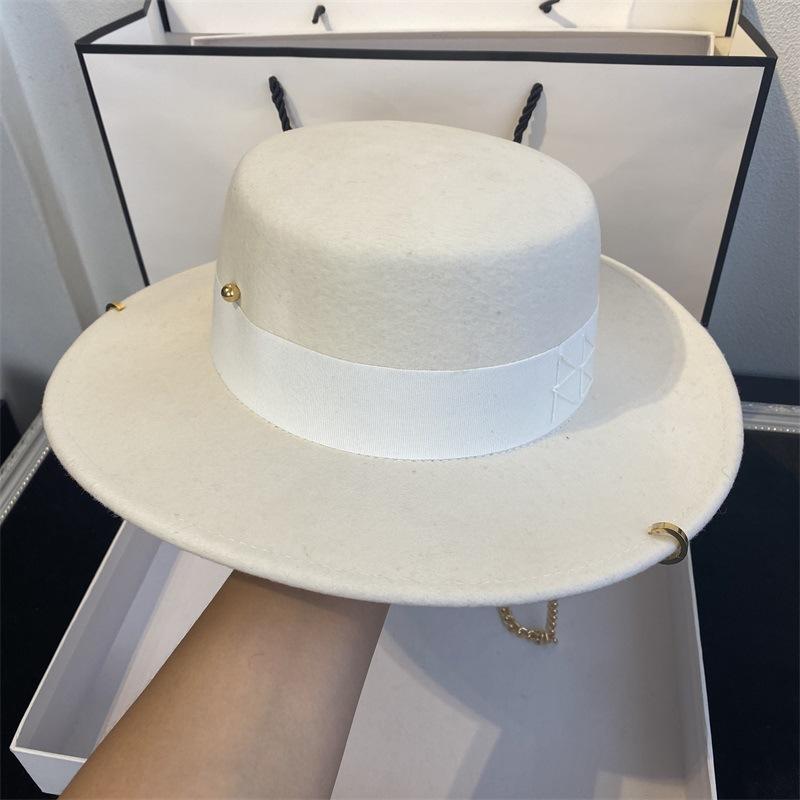 New Women Fedoras Wool Hats Fashion Letter With Chain Elegant Big Hat Black Big Brim