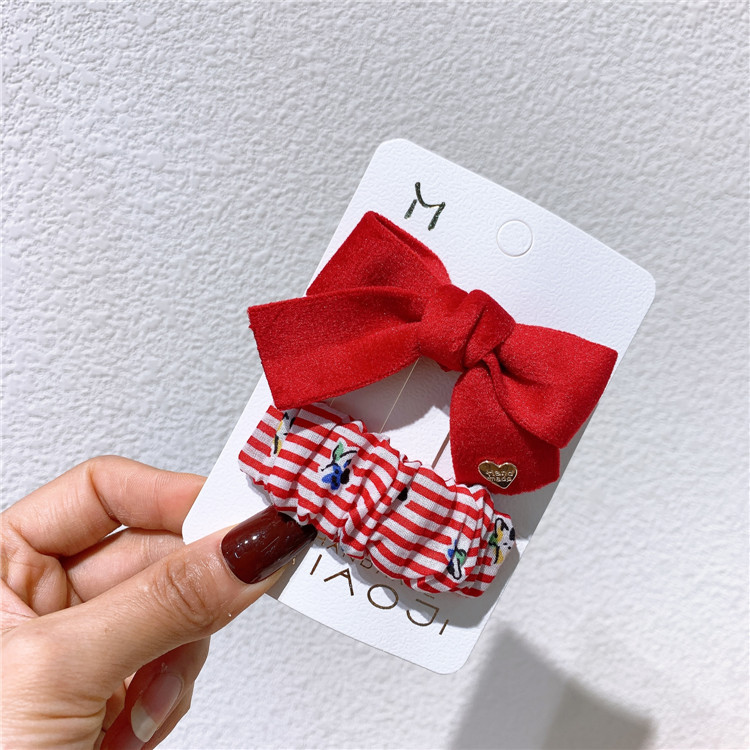 New Korean Children's Dot Plaid Love BB Clip Sweet Girl Fashion Festive Red Velvet Fabric Bow Duckbill Clip Hair Accessories