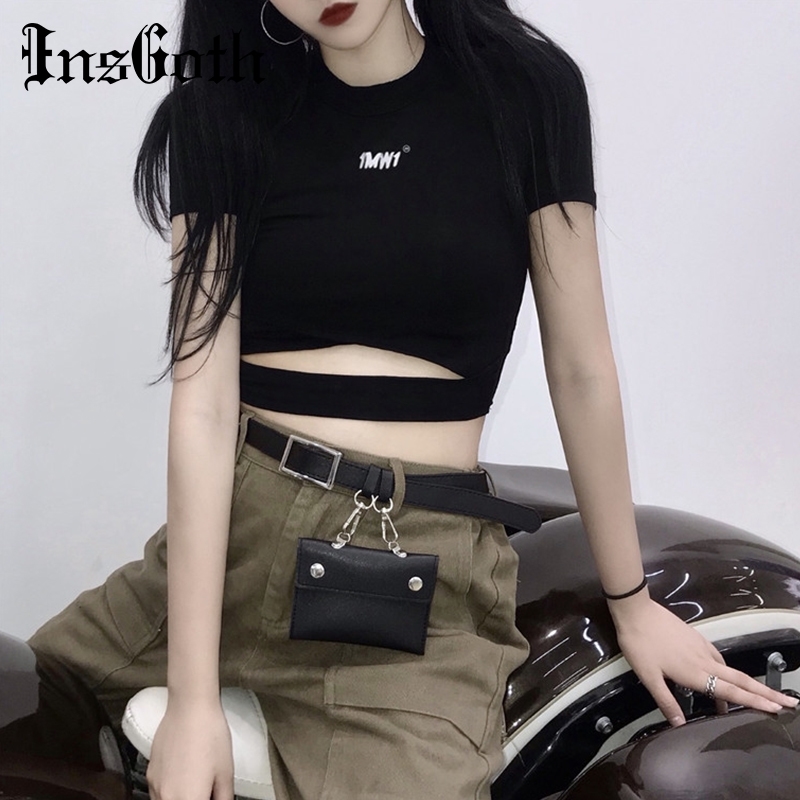 InsGoth Black Tee Women Bodycon Crop Top T-shirts Gothic Streetwear Letter Print Short Sleeve Sexy Female T-shirts Tops T200512