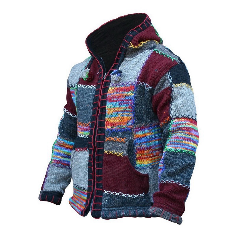 Laamei Vintage Men Hooded Cardigan Sweaters Jacket Men Autumn Patchwork Knit Ethnic Style Outwear Patch Hoodies Coat Sweater 201202