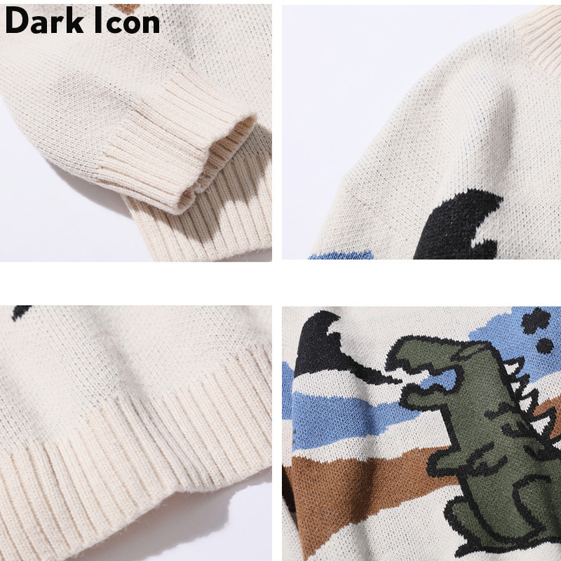 Round Neck Loose Dinosaur Sweater Autumn Korean Style Knitting Pull Sweater Mens Harajuku Casual Outwear Men Clothes 201022