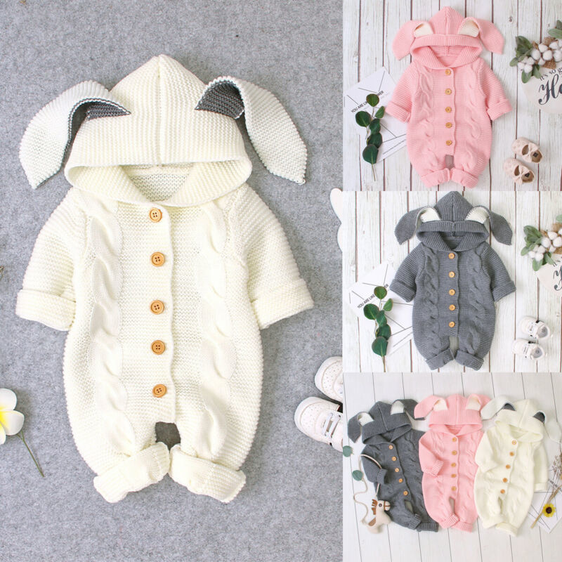 Focusnorm 0-24 M Infant Baby Boys Girls Warm Romper Long Sleeve Knitted Warm 3D Ear Romper Hooded Jumpsuit Outfit Clothes Y1221