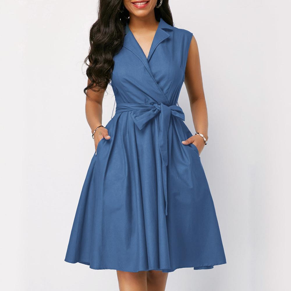 Casual Women Dress Sleeveless Notched Navy Blue Dress Sashes Summer A-line Beach Maxi Dresses Plus Size Party Dress Vestidos T200603