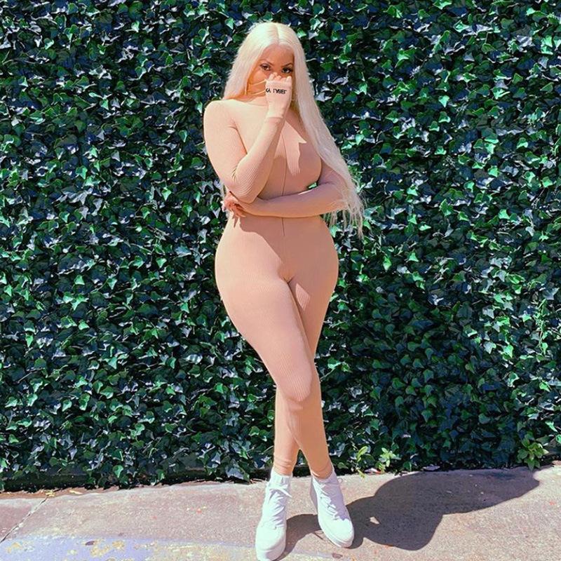 Streetwear White Knitted Sexy Bodycon Lucky Label Jumpsuit Women Overall 2020 Long Sleeve Skinny Rompers Womens Jumpsuit Female1