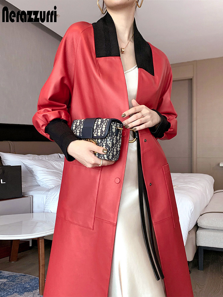 Nerazzurri Soft long leather coat women v neck raglan sleeve pockets Fall faux leather jacket for women plus size fashion 201030