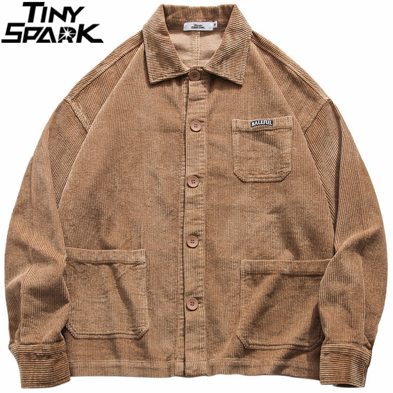 Mens Hip Hop Streetwear Jacket Vintage Retro Corduroy Jacket Coat Autumn Button Loose Bomber Jacket Pockets Cotton Red Blue 201218