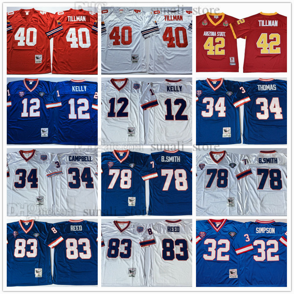 NCAA Football 40 Pat Tillman Jerseys 12 Jim Kelly 34 Thurman Thomas 78 Bruce Smith Jersey 83 Ander Reed Team Red Blue White Men Vintage All Stitched
NCAA Football 40 Pat Tillman Jerseys 12 Jim Kelly 34 Thurman Thomas 78 Bruce Smith Jersey 83 Ander Reed Team Red Blue White Men Vintage All Stitched