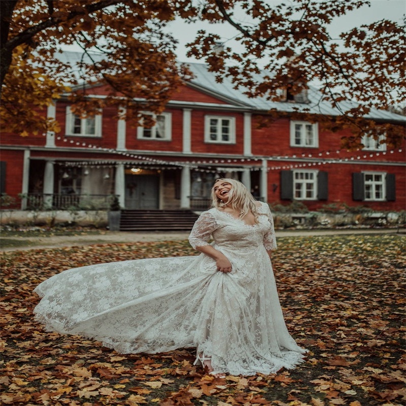 Plus Size Beach Wedding Dresses A Line Long Sleeves Sexy V Neck Cheap Custom Made Lace Applique Bohemian Bridal Gowns Robe De Mariée