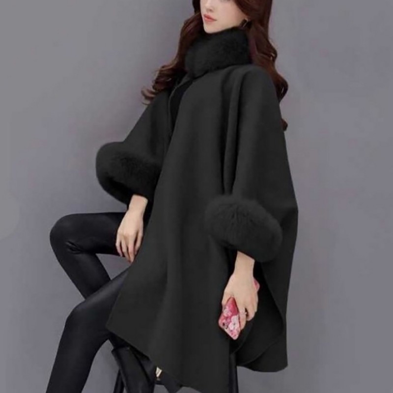 Winter Coat Ponchos Capes Women 2019 Christmas Fashion Flare Sleeve Faux Fur Collar Wool Cloak Cape Coat Poncho Long Overcoat T200114