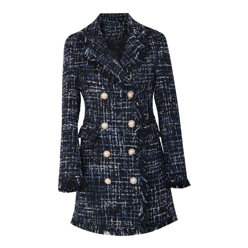 Dark blue tweed coat Medium-long one-piece Autumn/winter women's jacket New Small Fragrance ladies jacket coat 201017