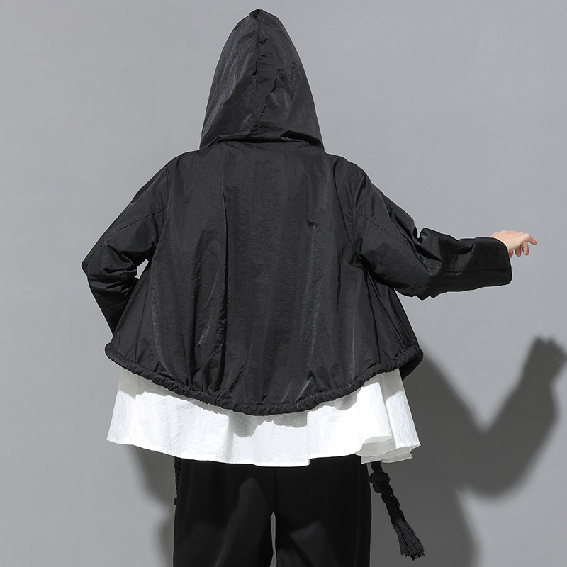 EAM Autumn Hooded Collar Long Sleeve Spliced Big Size Drawstring Button Loose Jacket Women Coat Fashion JY906 201017