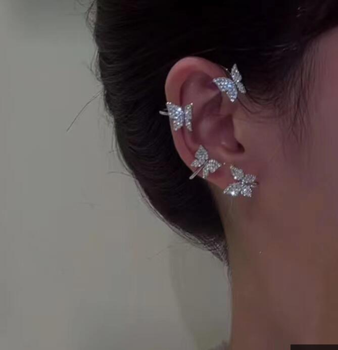 Silver Plated Metal Butterfly Ear Clips Without Piercing For Women Sparkling Zircon Ear Cuff Clip Earrings Wedding Jewelry GC797
