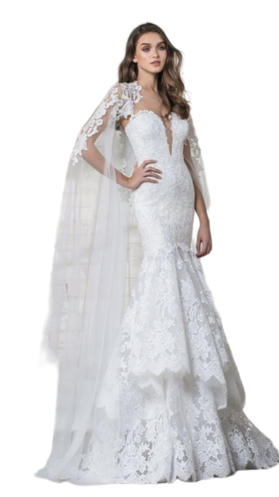 2022 Mermaid Wedding Dresses With cloak Deep V-neck Custom made Appliques Race White Ivory Bridal Gowns