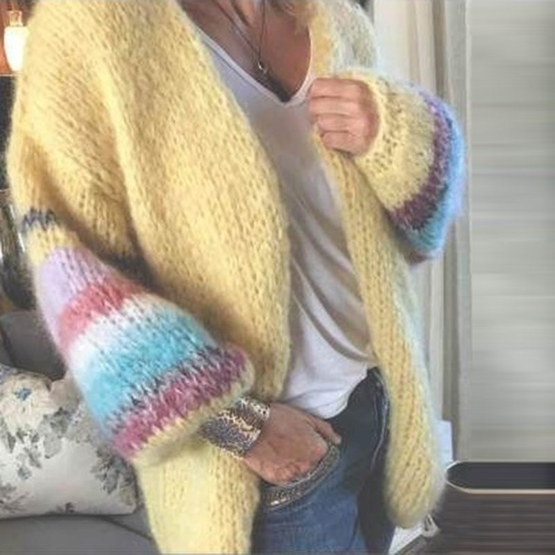 Umeko New Autumn and Winter Women's Fashion Casual stripe long sleeve Oversized Clothing Knitted Cardigan Clothes spring coat 201031