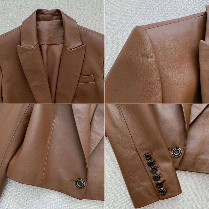 Nerazzurri Brown cropped leather jacket women long sleeve Leather blazers women Black leather top plus size clothes for women 201226
