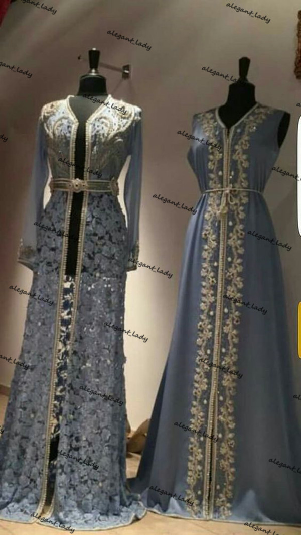 Dusty Blue Caftan Robes Evening Dresses 2021 Lace Chiffon Beaded Embroidery Kaftan Moroccan Kaftan Dubai Abaya Arabic Prom Gown