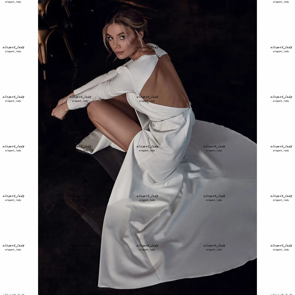 Luxury Beaded Satin Wedding Dress 2022 Long Sleeve Backless sexy slit A-Line Bride Gowns Customized Princess Vestido De Noiva