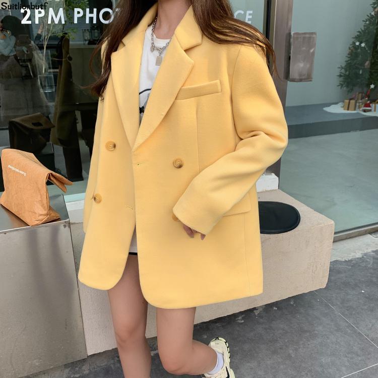 Korean Oversized Woolen Blazer Feminino 2020 Winter Notched Long Sleeve Solid Loose Women Blazer Thicken Warm Fashion Coat Vadim, Khaki