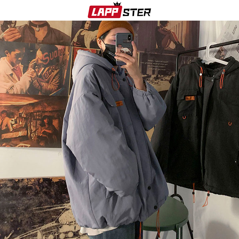 LAPPSTER Men Black Streetwear Winter Jackets Coats Mens Korean Hooded Puffer Jacket Coat Male Harajuku Pocket Hip Hop Parka 201127
