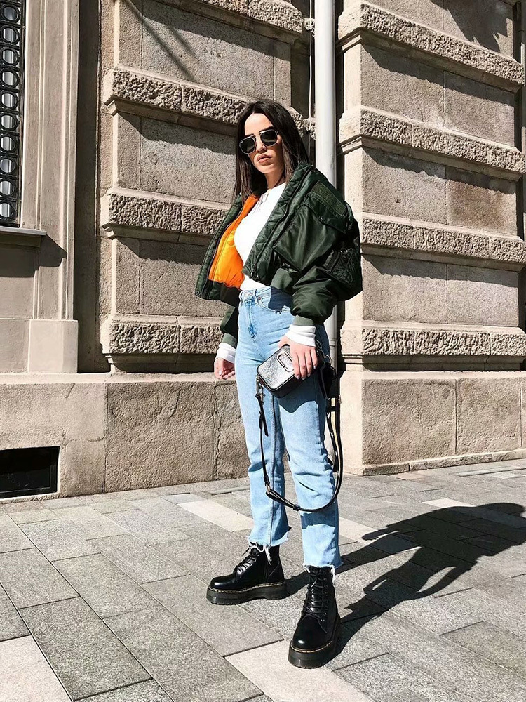 Fashion Vintage Women Chic Green Oversize Bomber Jacket Stylish Female Pockets Zippers Coat Casual Ladies Outerwear T200212